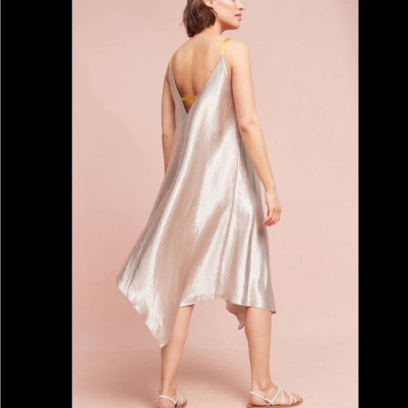 ANTHROPOLOGIE FLORET WOMEN SLIP DRESS X-S SILVER SATIN ASYMMETRICAL SLEEVELESS - Picture 2 of 9